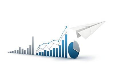 Illustration of a paper airplane flying over bar graphs and a pie chart on a white background