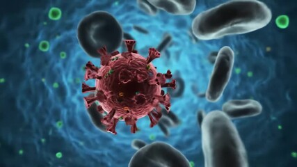 Microscopic view of a red virus particle possibly a coronavirus surrounded by red blood cells and other cellular elements in a bluetinted biological fluid illustrating a viral infection or disease at. - Powered by Adobe
