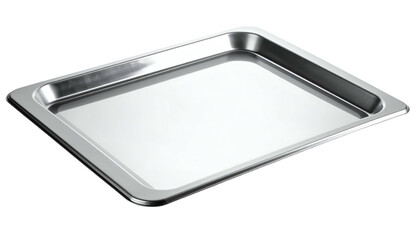 Metal tray catches light with rounded corners on black background