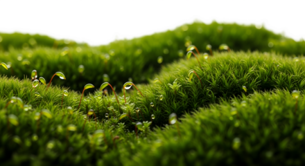 Close-up of green moss texture with water droplets shining  