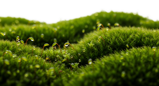 Close-up of green moss texture with water droplets shining  