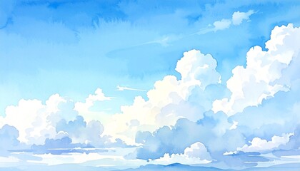 A breathtaking expanse of clear blue sky adorned with soft, voluminous white watercolor clouds