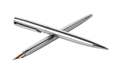 Two metal pens, crossed, one with gold nib, isolated on black
