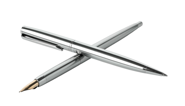 Two metal pens, crossed, one with gold nib, isolated on black