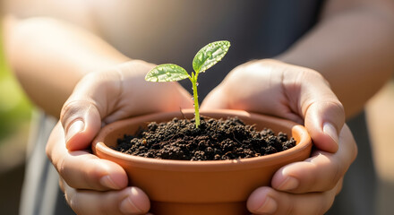A person holding a small terracotta pot with soil and a small plant seedling in their hands closeup