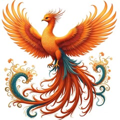 Obraz premium Fiery phoenix illustration on white. Bird with orange wings and blue tail. Mythical creature art for t-shirt, logo, banner, poster design. Decoration element for traditional asian festivals or tattoo.