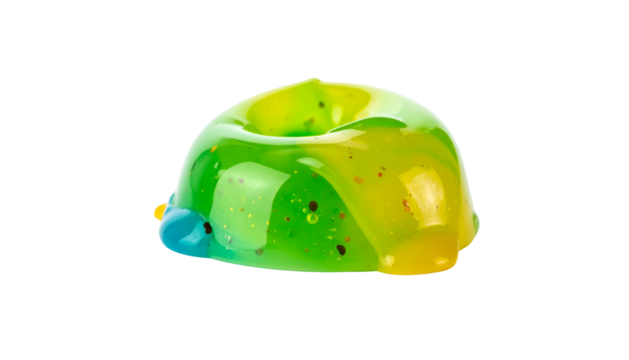 Smooth, shiny candy with vibrant green, yellow, & blue glaze