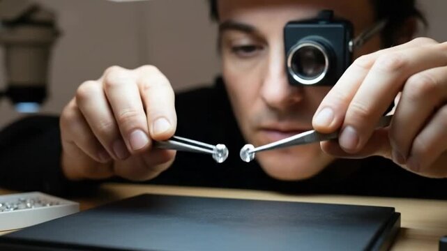 Professional Jeweler Meticulously Examining Two Brilliant Diamonds with a Magnifying Loupe and Tweezers in a Focused Workshop Setting
