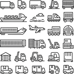 Vector set of transport icons including car, truck, bus, and train symbols for web design and travel illustration