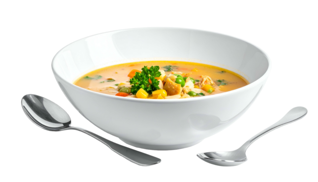 Creamy bowl of vegetable soup with two spoons on black