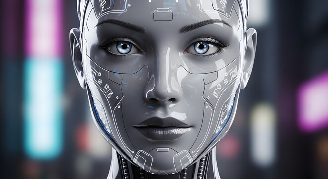 Close up shot of a futuristic female robot face with detailed circuit patterns and bright blue eyes - Powered by Adobe