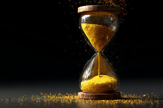 Dramatic hourglass with golden sand flowing, symbolizing time management and deadlines in business, perfect for presentations and articles