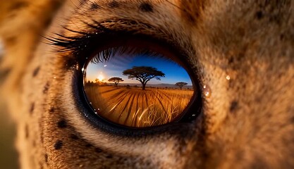 Closeup of a Cheetah's Eye Reflecting a Savanna Landscape with Trees and Grass in Golden Light - Powered by Adobe