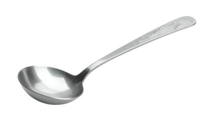 Shiny metal ladle with floral handle isolated against black