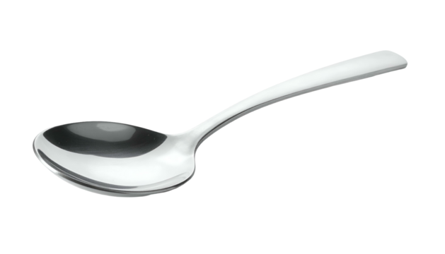 Polished metal spoon with curved handle on a black background