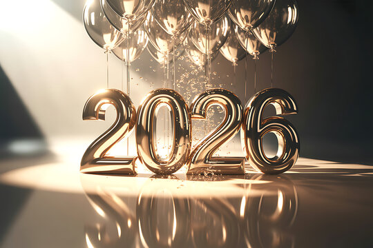 Golden 2026 numerals with floating balloons create a dazzling celebration perfect for New Year's Eve party announcements or festive holiday promotions.