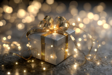 Elegant gift with golden ribbon and shimmering lights perfect for holidays, birthdays, and special occasions brings festive cheer and joy