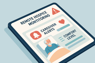 Illustration of elderly male in remote hospice monitoring setting on tablet