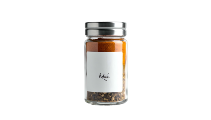 Glass spice jar with a white label against a dark background