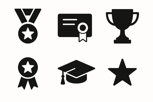 Achievement icons: medal, certificate, trophy, ribbon, graduation cap, star
