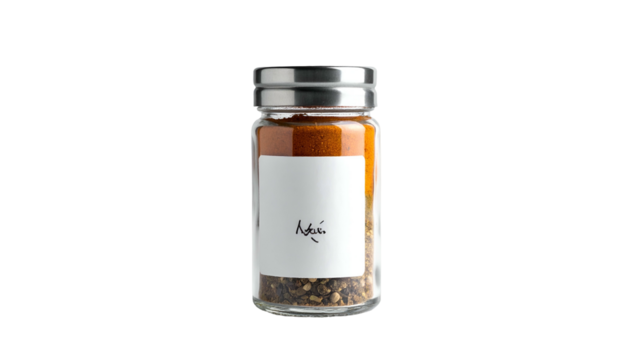 Glass spice jar with a white label against a dark background