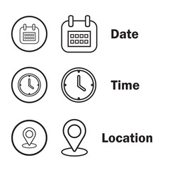 Date, time and location icon set in flat style. Stopwatch timer, Date Calendar, address icon isolated on white background. Information sign business concept. Black line web icons. vector illustration.