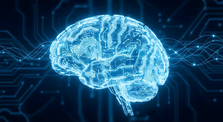 Illuminated brain with circuit board pattern and glowing lines on a dark blue background design concept
