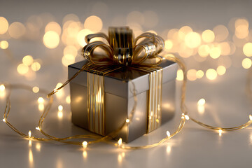Elegant silver gift box with gold ribbon and festive lights creating a warm, celebratory atmosphere perfect for holiday promotions and special occasions