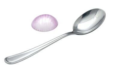 Shallot half beside a shiny silver spoon, isolated