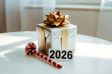 Celebrate new beginnings with a sparkling gift and the year 2026 anticipation, signaling fresh starts and exciting possibilities ahead