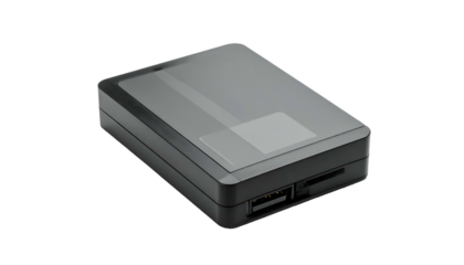Dark, rectangular external hard drive with ports