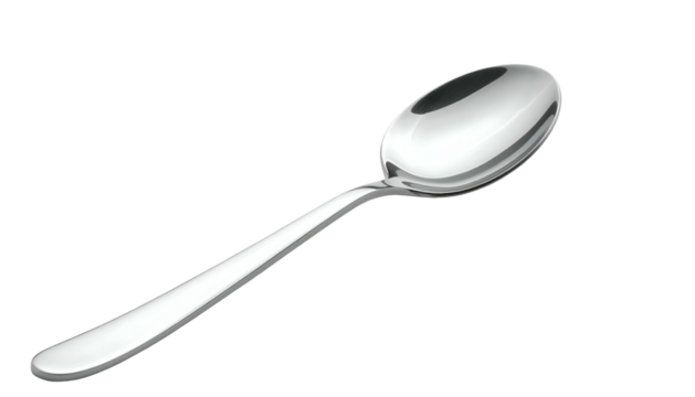 Silver-tone spoon, gleaming on a black background, angled slightly