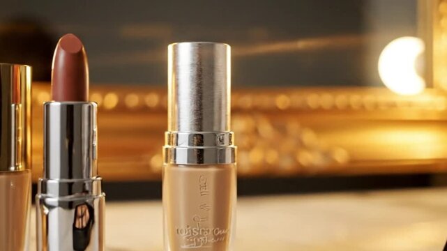 Beauty Professional Applying Lipstick and Makeup Products on Vanity Table with Warm Lighting