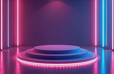Futuristic stage with neon lights. Scene showcases a product or presentation. Purple and pink hues create a vibrant display. Perfect for tech or gaming ads