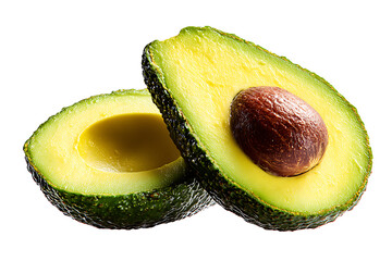 Fresh avocado halves detail showing vibrant green flesh and shiny brown pit, perfect for healthy eating and wellness concepts, clean eating lifestyle