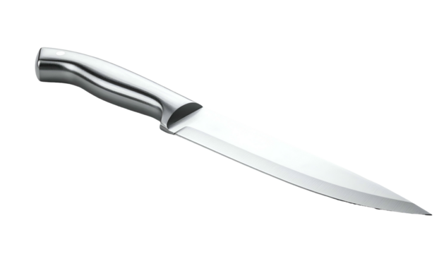 Sleek, silver kitchen knife with a metallic handle on black