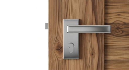 Door handle with lock on wooden door in modern design  