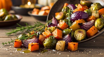 Roasted vegetables in bowl on wooden table healthy food concept