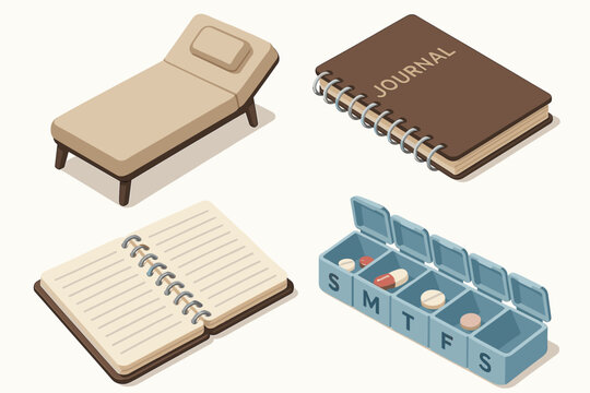 Isometric journal, pill organizer, and therapy couch illustration