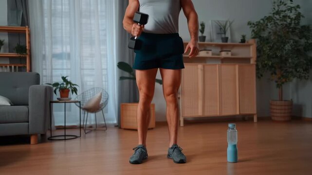 Muscular athlete lifting dumbbell during home workout
