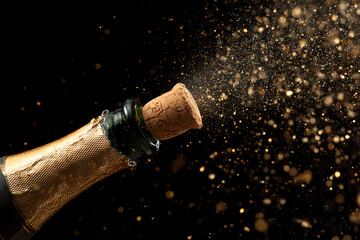 Champagne bottle exploding with golden glitter for celebrations, perfect for New Year's Eve, parties, and special occasions. Cheers to success!
