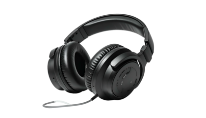 Black over-ear headphones with a cable on a dark background