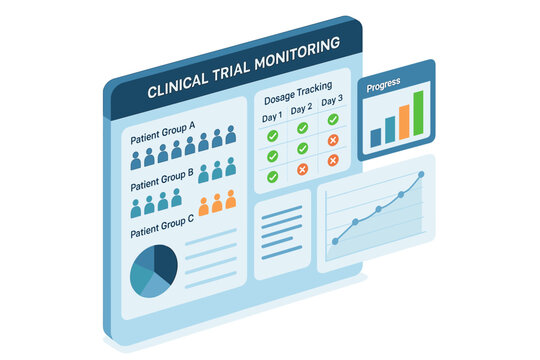 Clinical trial monitoring dashboard with patient groups and progress tracking