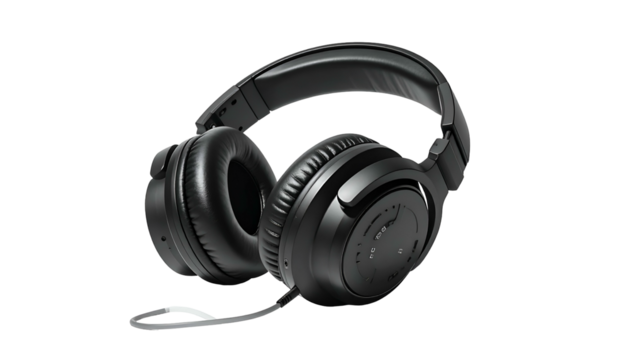 Black over-ear headphones with a cable on a dark background