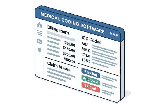 Medical coding software interface with billing items and icd codes