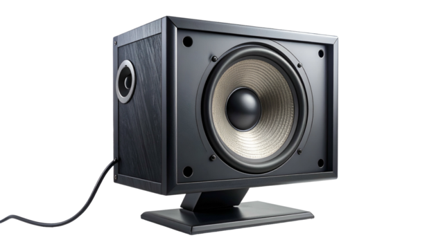 Boxy speaker with woofer on stand against a dark backdrop