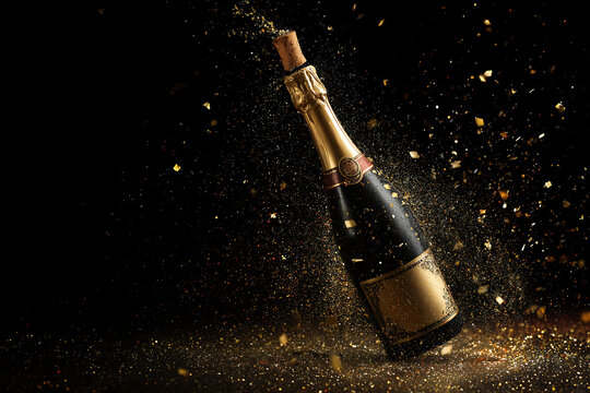 Celebrate with a champagne bottle popping, showering golden confetti, perfect for New Year's Eve, milestone birthdays, and festive occasions