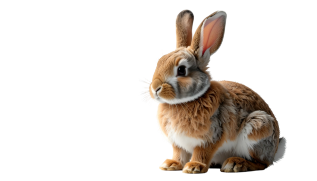 Brown-furred rabbit with long ears, looking to the left