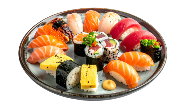 Assorted sushi nigiri and rolls beautifully arranged on a gray plate