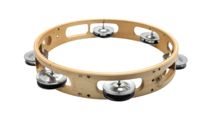 Wooden tambourine with jingles against a black background